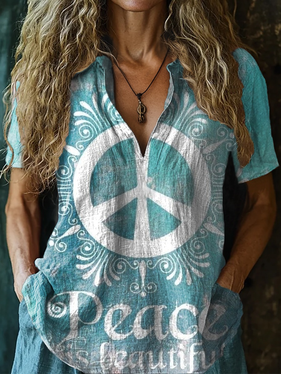 Women's Hippie Peace Is Beautiful Print Short Sleeve Pocket Cotton Linen Dress Women's Hippie Peace Is Beautiful Print Short Sleeve Pocket Cotton Linen Dress
