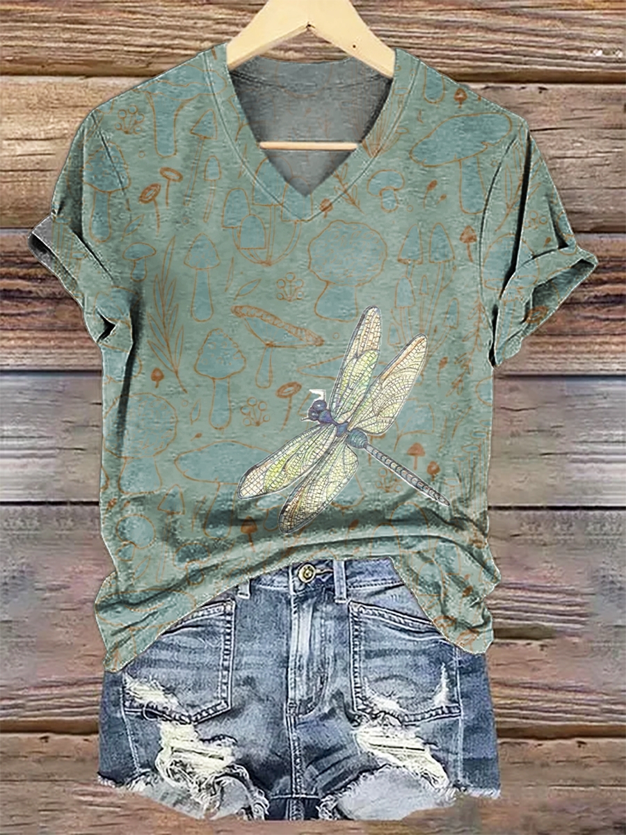 Women's Dragonfly Art Print V-neck Casual T-Shirt