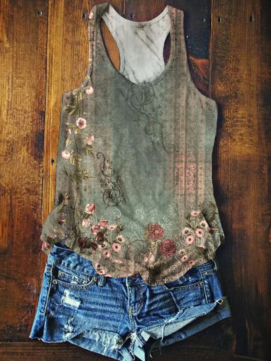 Women's Retro Ethnic Flowers Print V-neck Casual T-Shirt Women's Retro Ethnic Flowers Print V-neck Casual T-Shirt