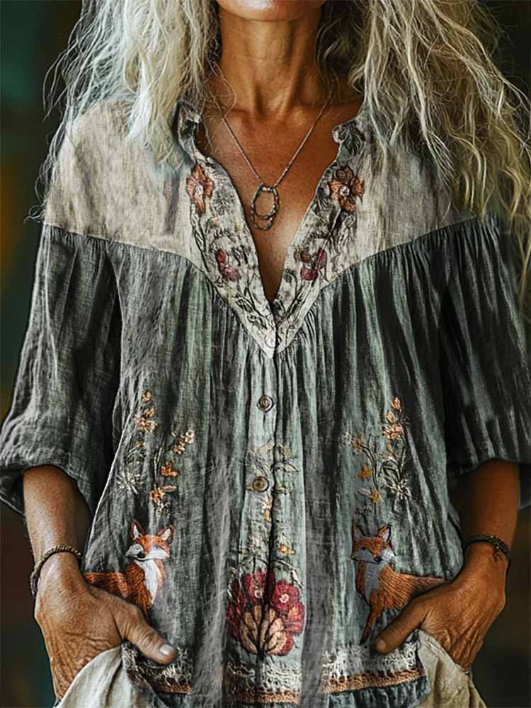 Women's Floral Fox Pattern Art Print Casual Cotton Linen Shirt