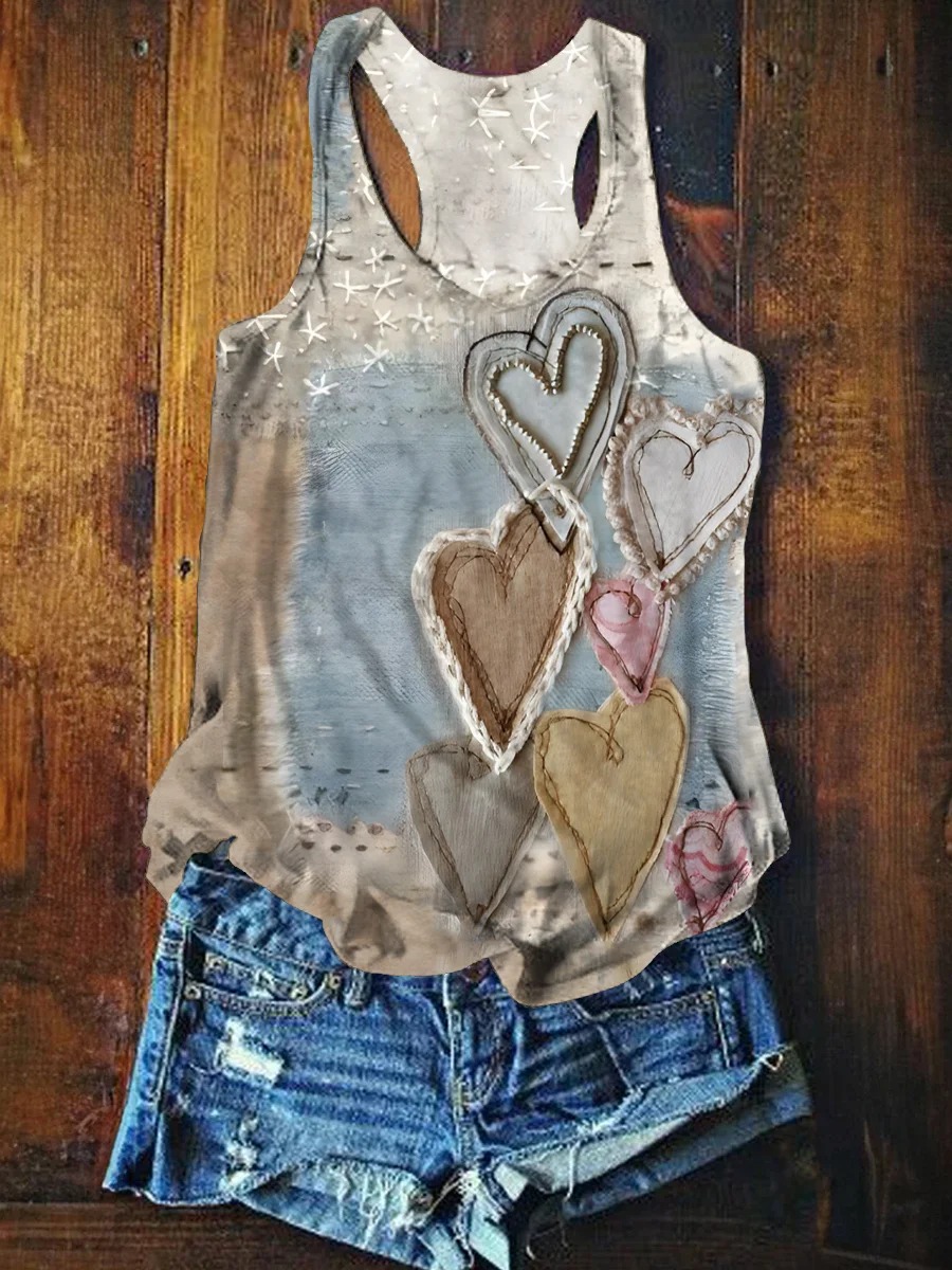 Valentine'S Day Vintage Heart Pattern Print Crew Neck T-shirt Valentine'S Day Vintage Heart Pattern Print Crew Neck T-shirt