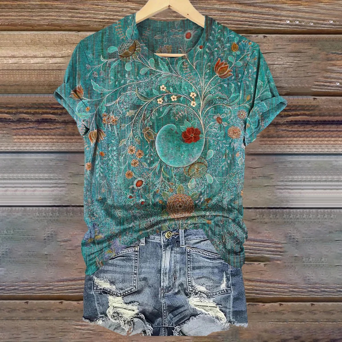 Women's Vintage Floral Art Print V-neck Casual T-Shirt-1 Women's Vintage Floral Art Print V-neck Casual T-Shirt-1