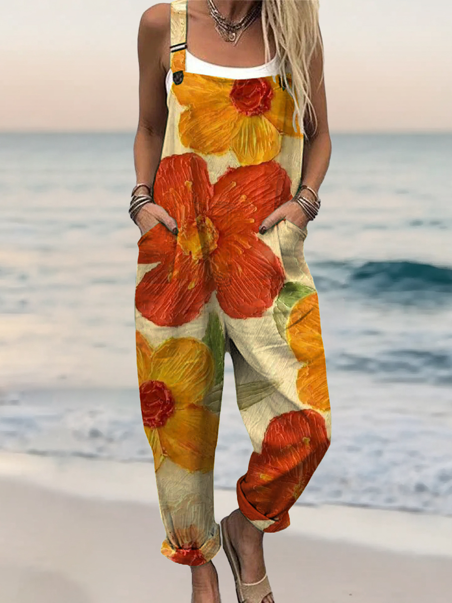 Women's Vintage Floral Art Print Casual 100% Cotton Wide Leg Jumpsuit