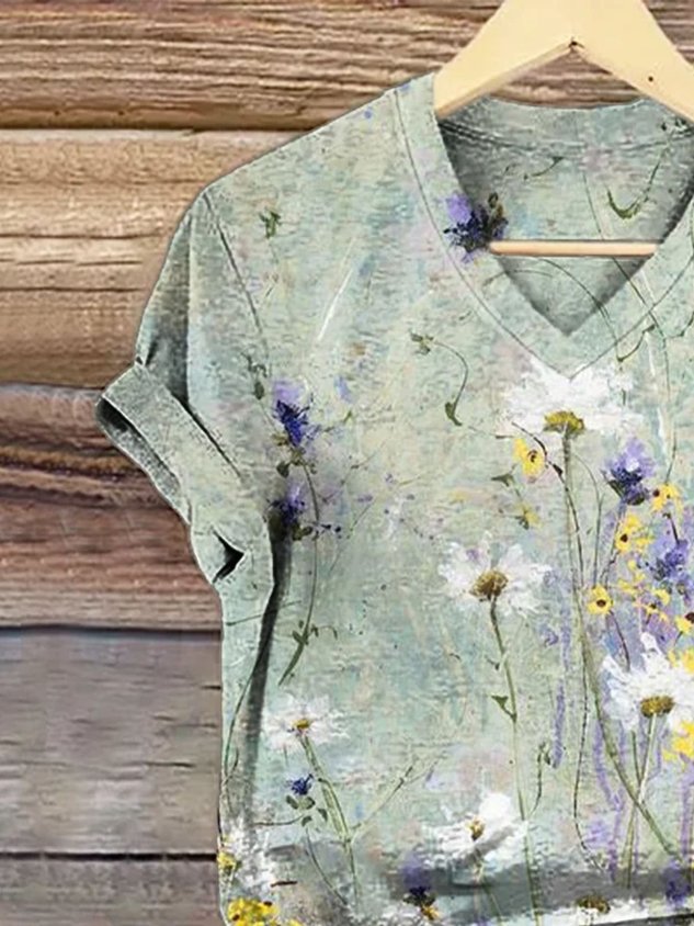 Casual Floral V Neck Short Sleeve T-shirt Casual Floral V Neck Short Sleeve T-shirt