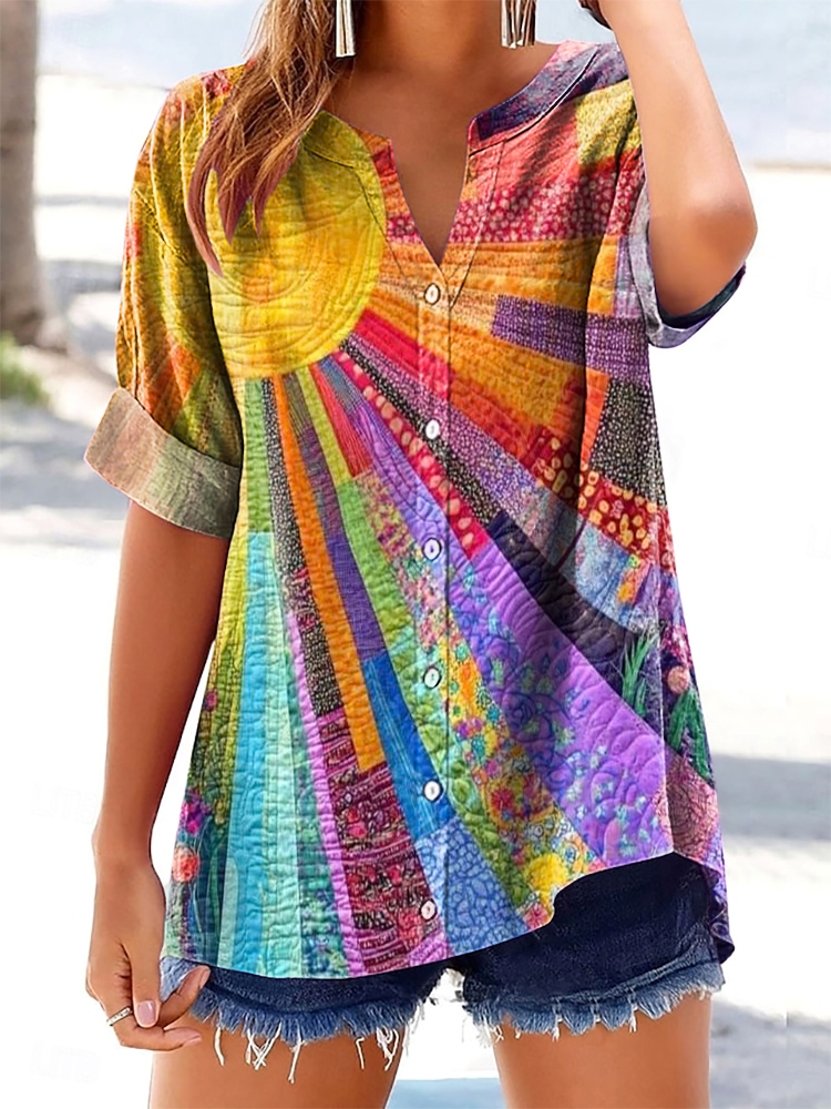Women's Colorful Sun Collage Art Print Casual Short Sleeve Cotton and Linen Shirt