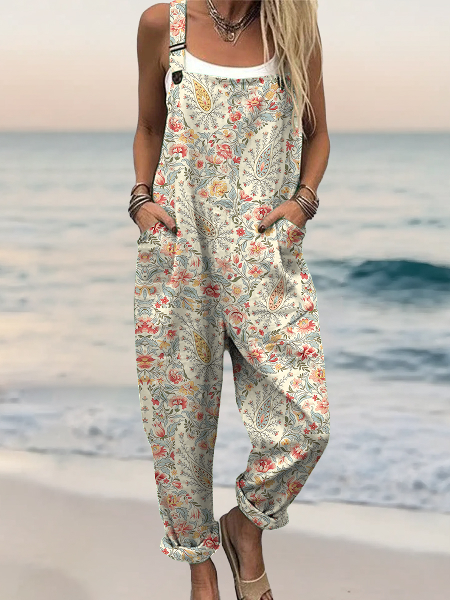Women's Retro Paisley Floral Art Print Casual 100% Cotton Wide Leg Jumpsuit