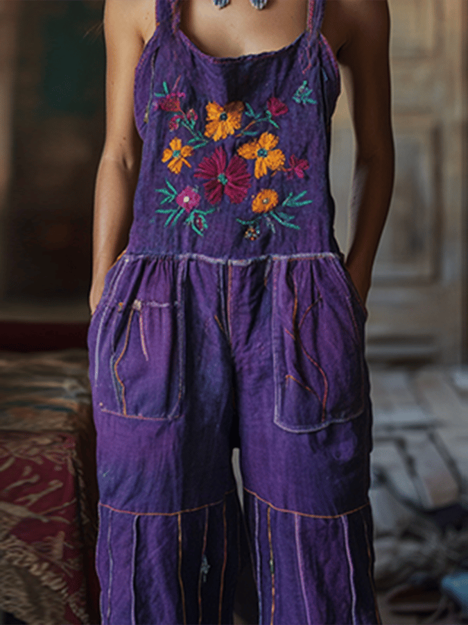 Women's Vintage Floral Embroidered Pattern Art Linen Blend Loose Casual Jumpsuit Women's Vintage Floral Embroidered Pattern Art Linen Blend Loose Casual Jumpsuit