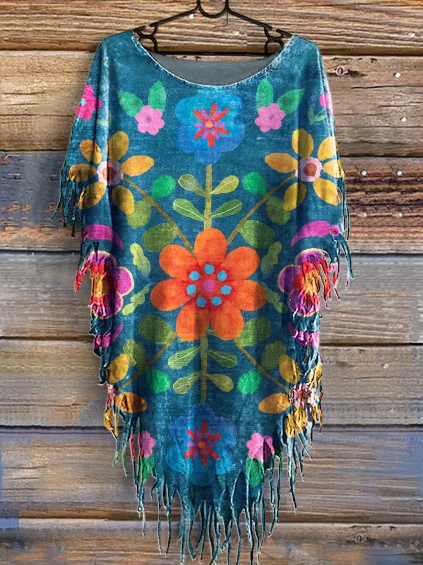 Women's Bohemian Floral Art Print Flowy Cotton Crew Neck Dress Women's Bohemian Floral Art Print Flowy Cotton Crew Neck Dress