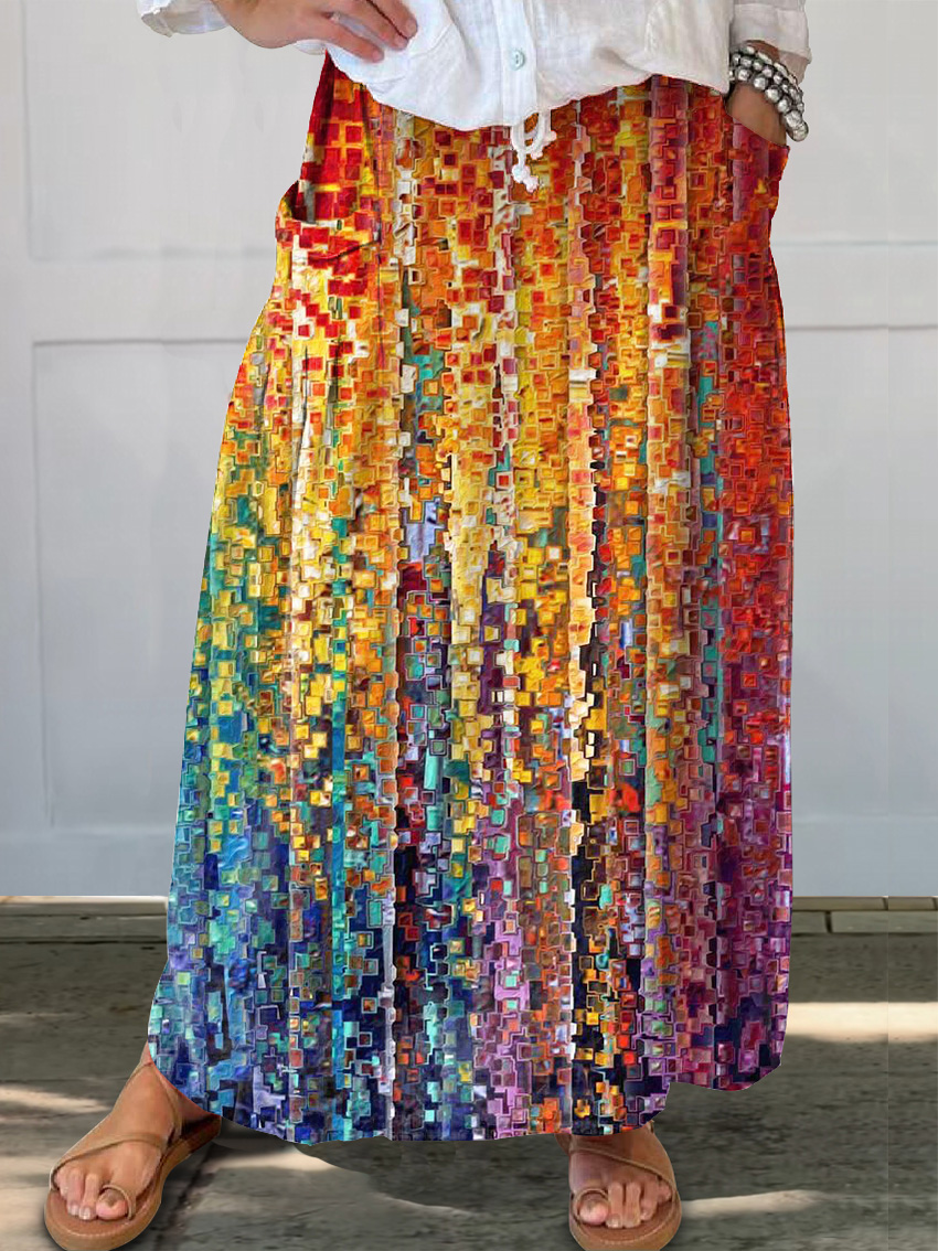 Women's Colorful Gradient Texture Art Print Linen Pocket Skirt