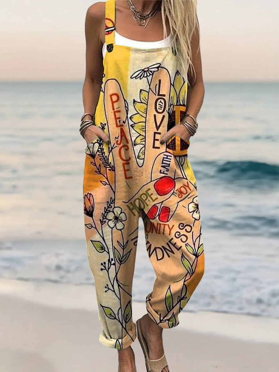 Women's Hippie Peace Love Art Print Casual 100% Cotton Wide Leg Jumpsuit