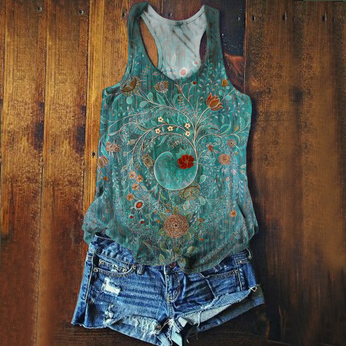 Women's Vintage Floral Art Print V-neck Casual T-Shirt-1 Women's Vintage Floral Art Print V-neck Casual T-Shirt-1