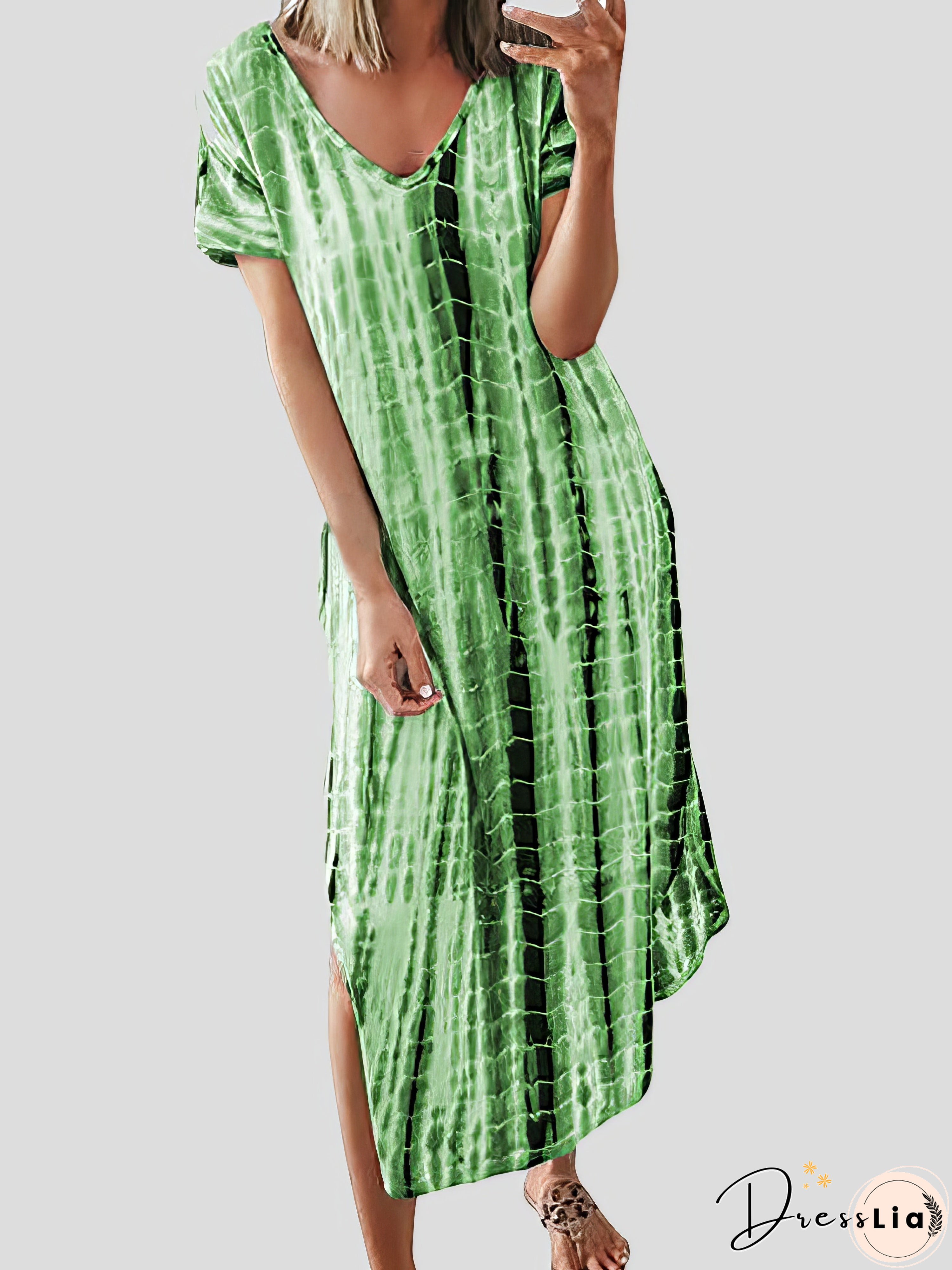 Loose Tie-Dye Printed V-Neck Split Dress Loose Tie-Dye Printed V-Neck Split Dress