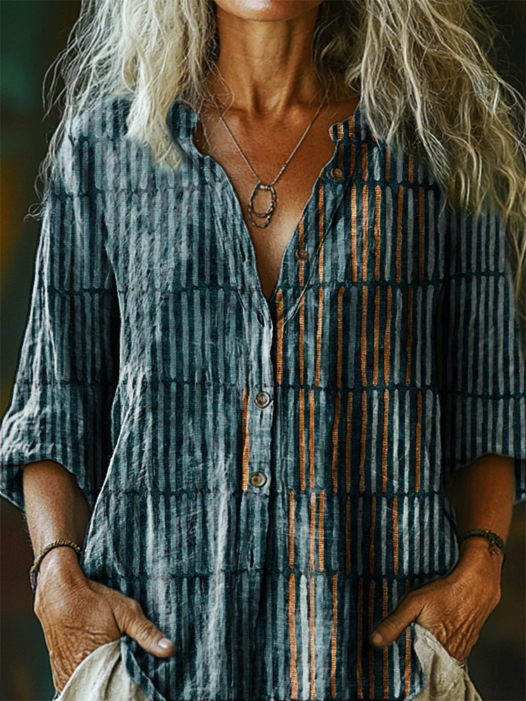 Women's Vintage Bohemian Floral Art Print Casual Cotton Linen Shirt