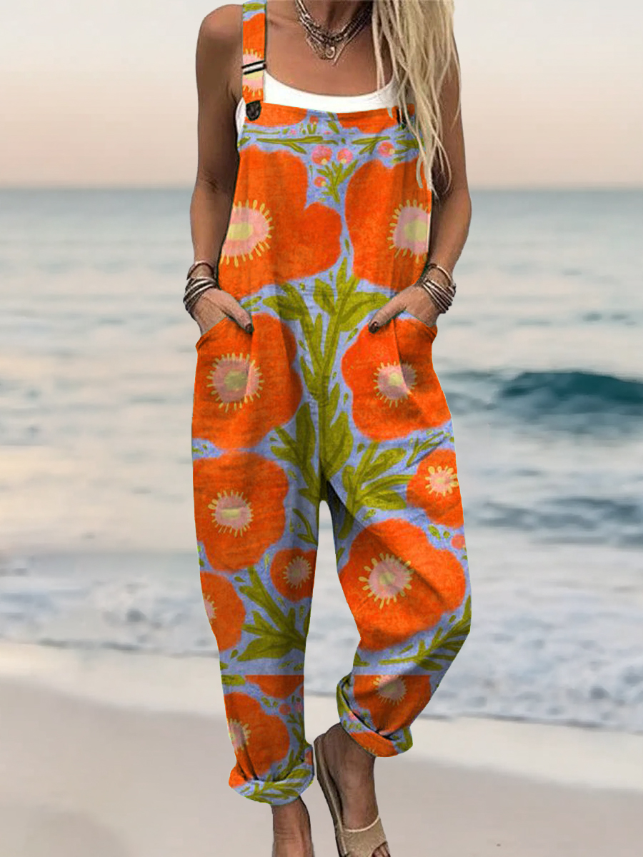 Women's Floral Pattern Art Print Casual 100% Cotton Wide Leg Jumpsuit