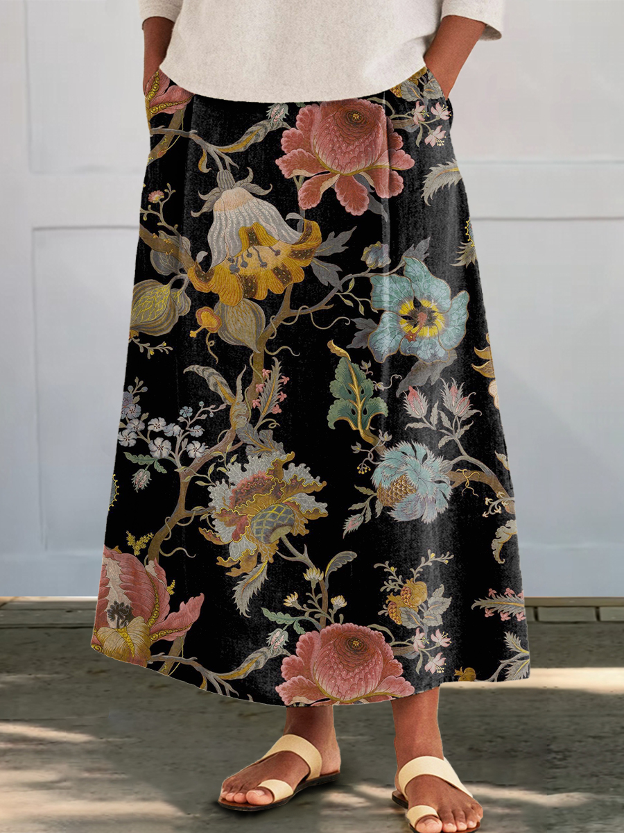 Women's Folk Flower Print Cotton and Linen Pocket Skirt