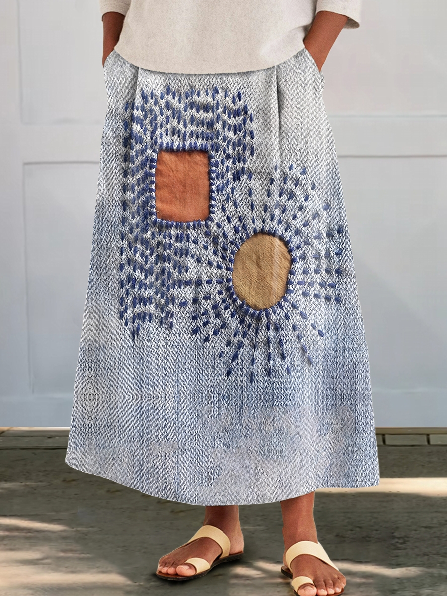 Women's Ethnic Patchwork Art Print Cotton and Linen Pocket Skirt