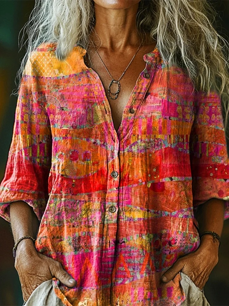 Women's Vintage Ethnic Floral Art Print Linen And Cotton V-neck Casual Shirt Women's Vintage Ethnic Floral Art Print Linen And Cotton V-neck Casual Shirt