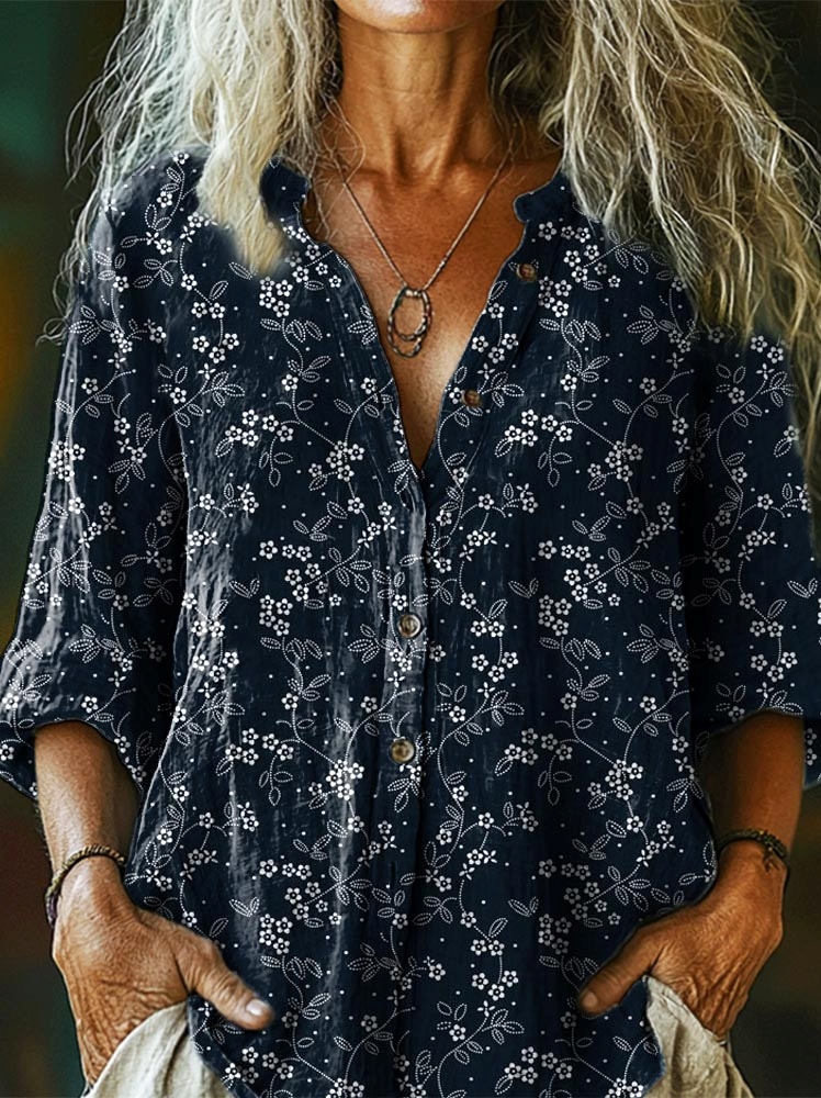 Women's Simple Flower Art Print Casual Cotton Linen Shirt