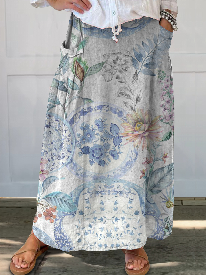Women's Floral Art Printed Linen Pocket Skirt