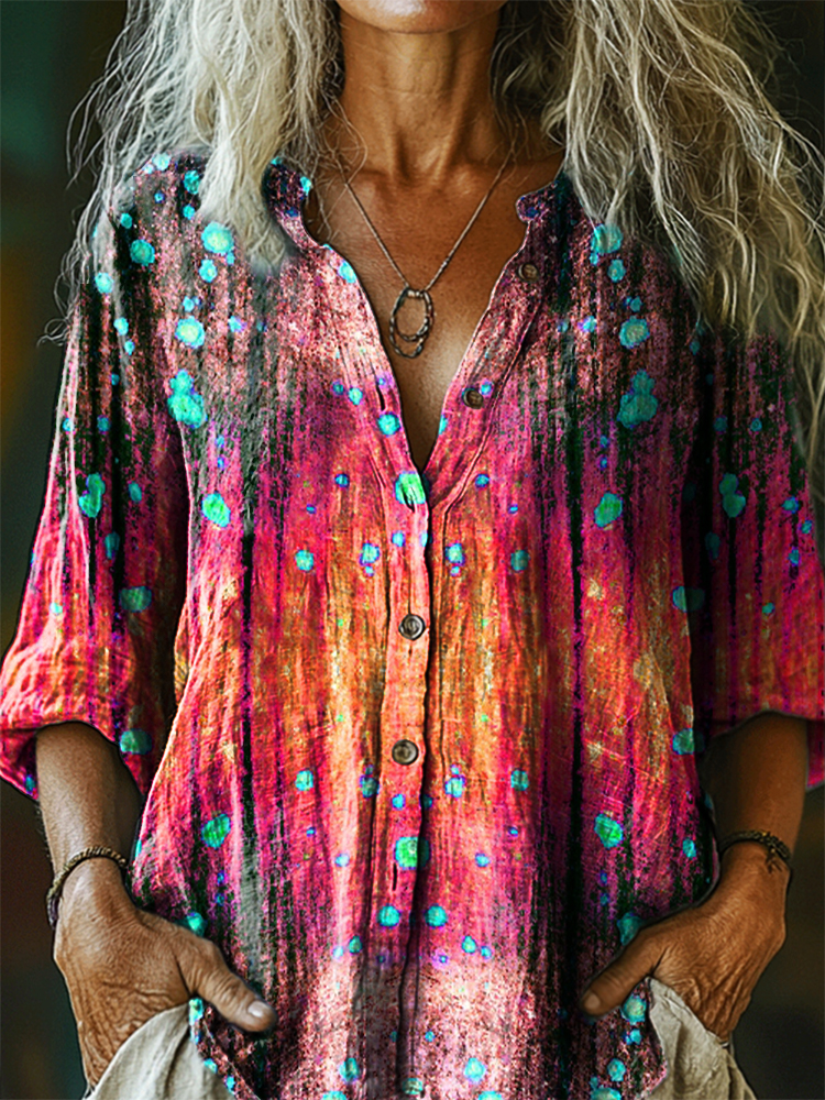 Women's Retro Ethnic Bohemian Pattern Art Print Casual Cotton Linen Shirt