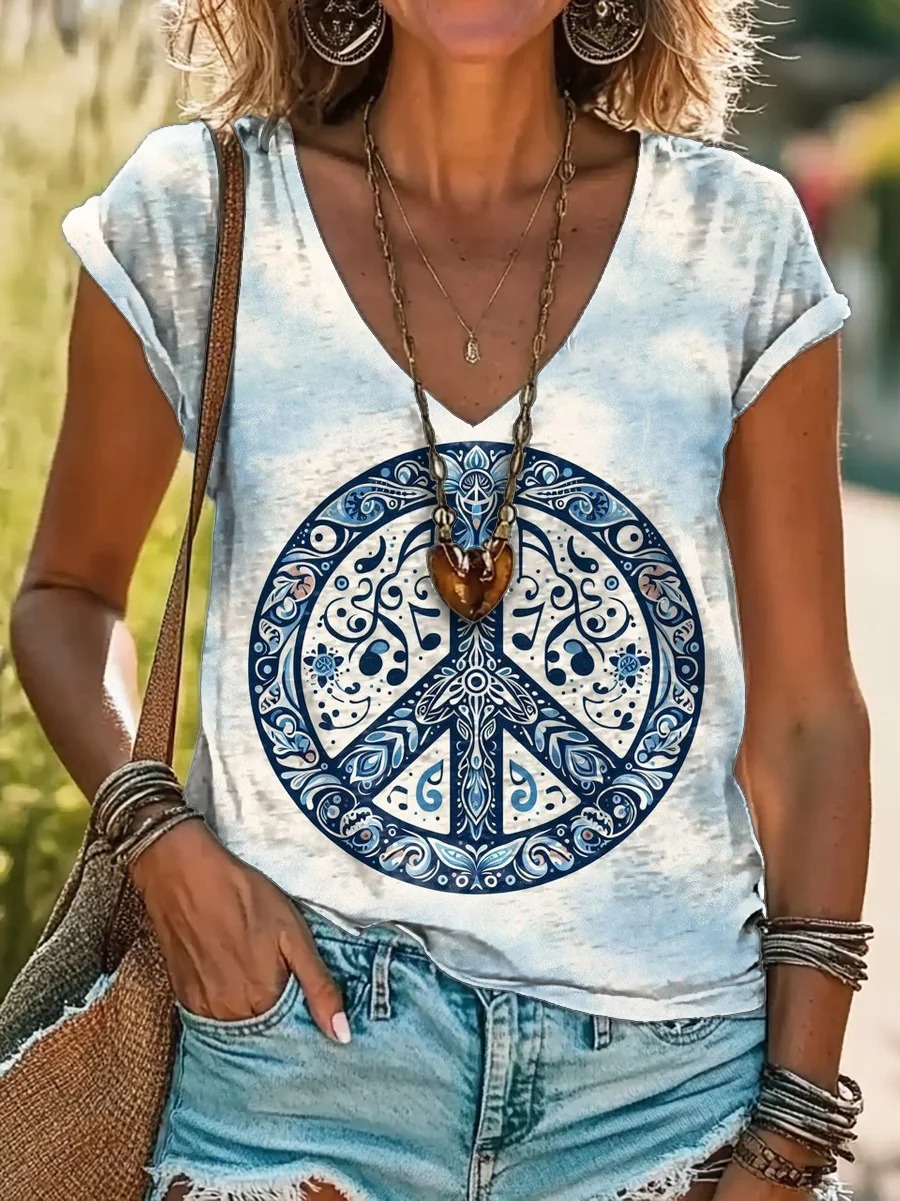 Vintage Kaleidoscope Tie Dye Print 100%Cotton V-neck T-Shirt Vintage Kaleidoscope Tie Dye Print 100%Cotton V-neck T-Shirt