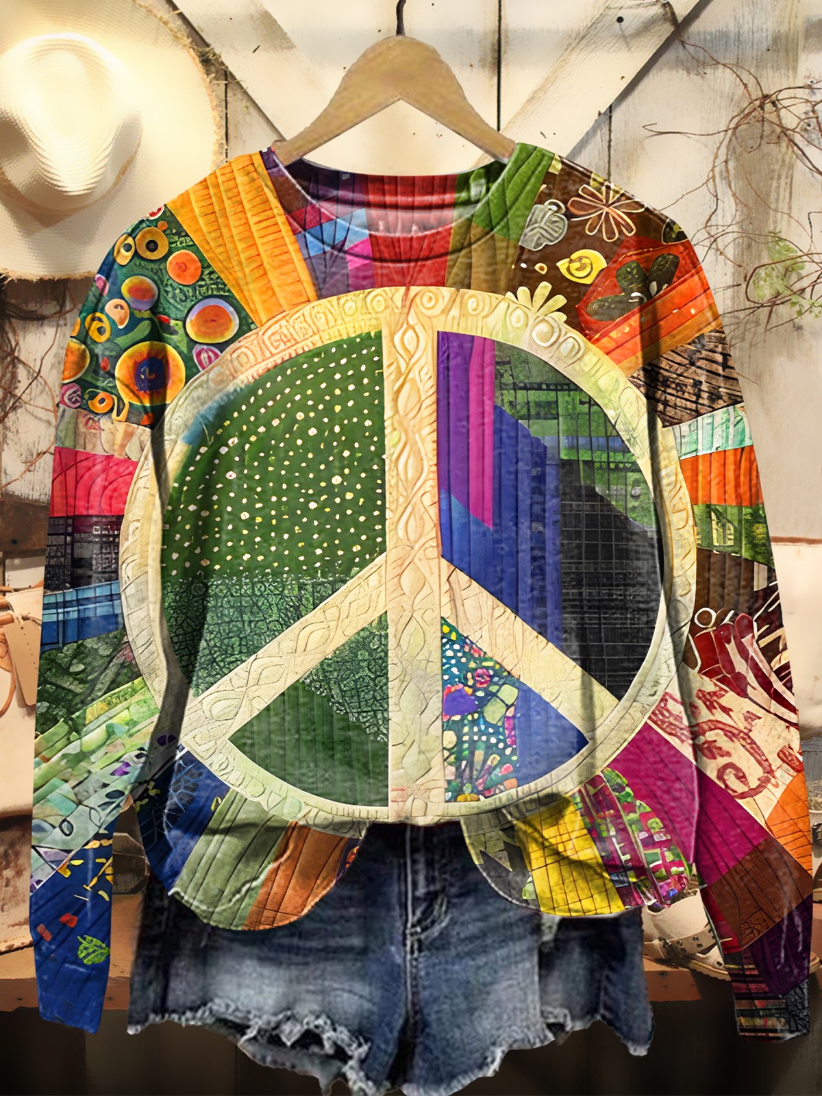 Women's Retro Peace Pattern Print Pocket Cotton Dress Women's Retro Peace Pattern Print Pocket Cotton Dress
