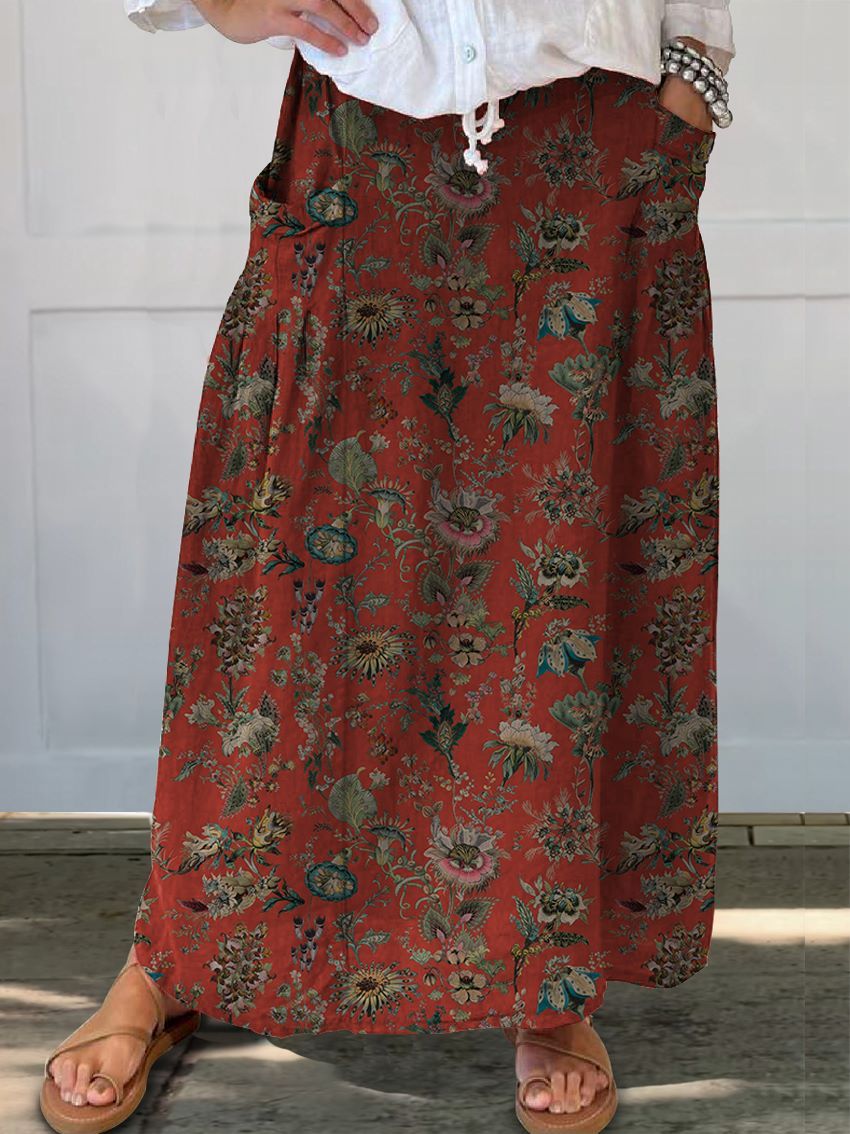 Women's Floral Linen Pocket Half Skirt