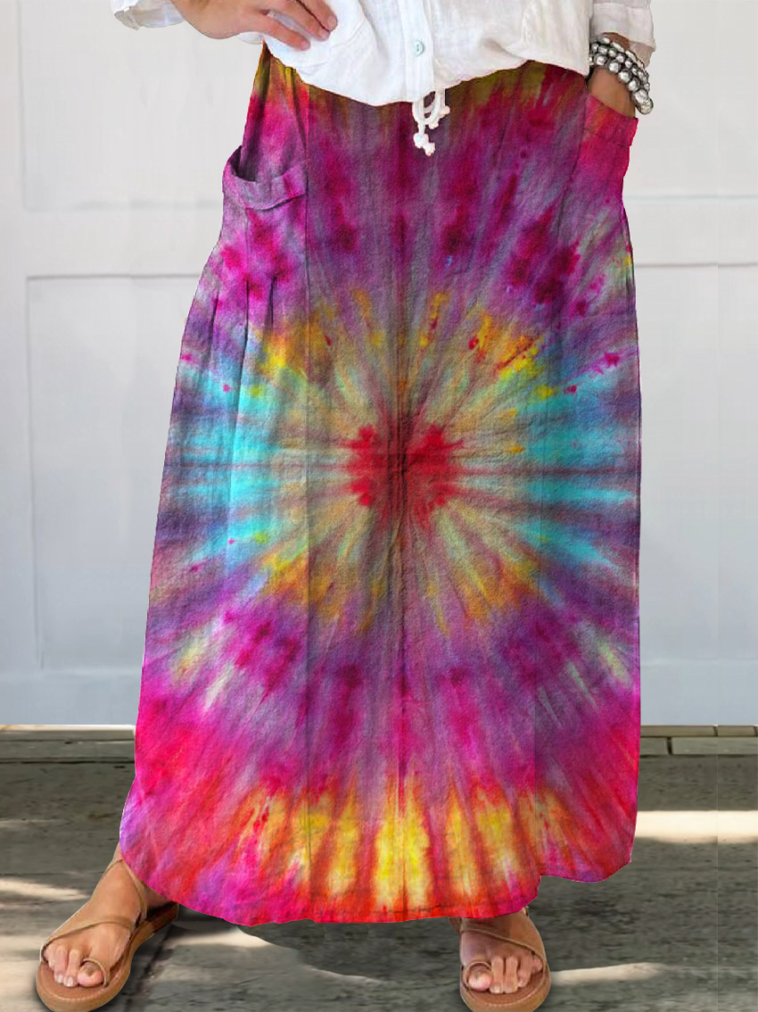 Women's Colorful Tie Dye Print Linen Pocket Skirt