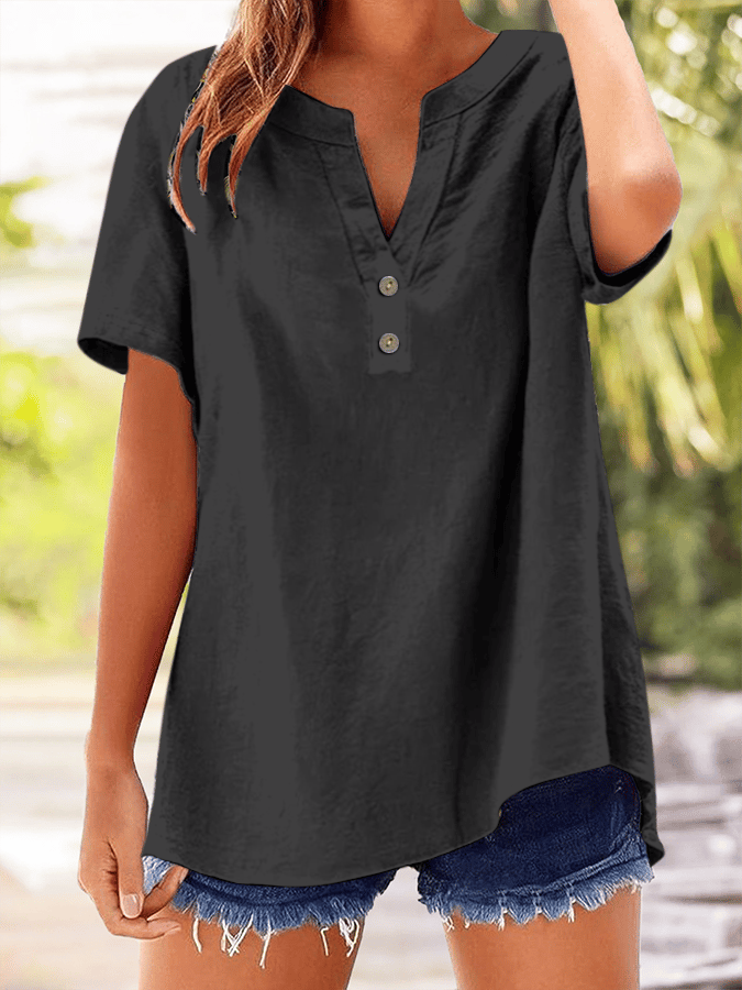 Women's Solid Color Button Design V-Neck Short Sleeve Shirt Women's Solid Color Button Design V-Neck Short Sleeve Shirt