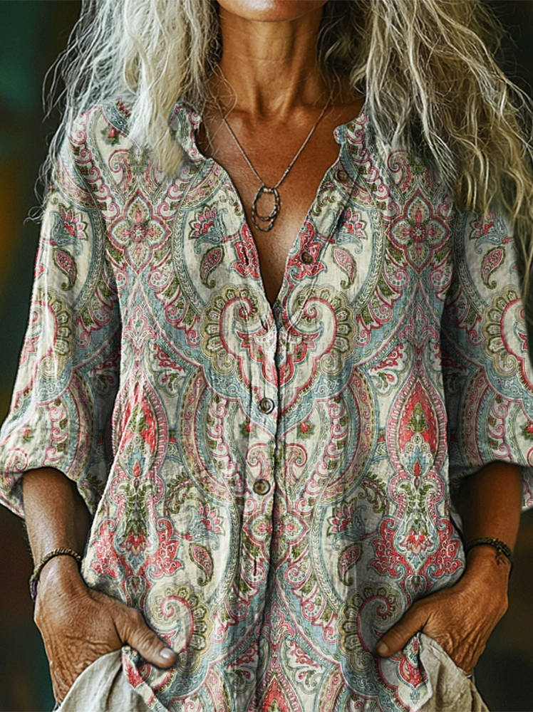 Women's Vintage Ethnic Floral Art Print Linen And Cotton V-neck Casual Shirt