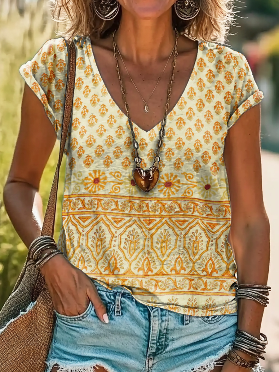 Bohemian Ethnic Floral Art Print 100%Cotton V-neck T-Shirt