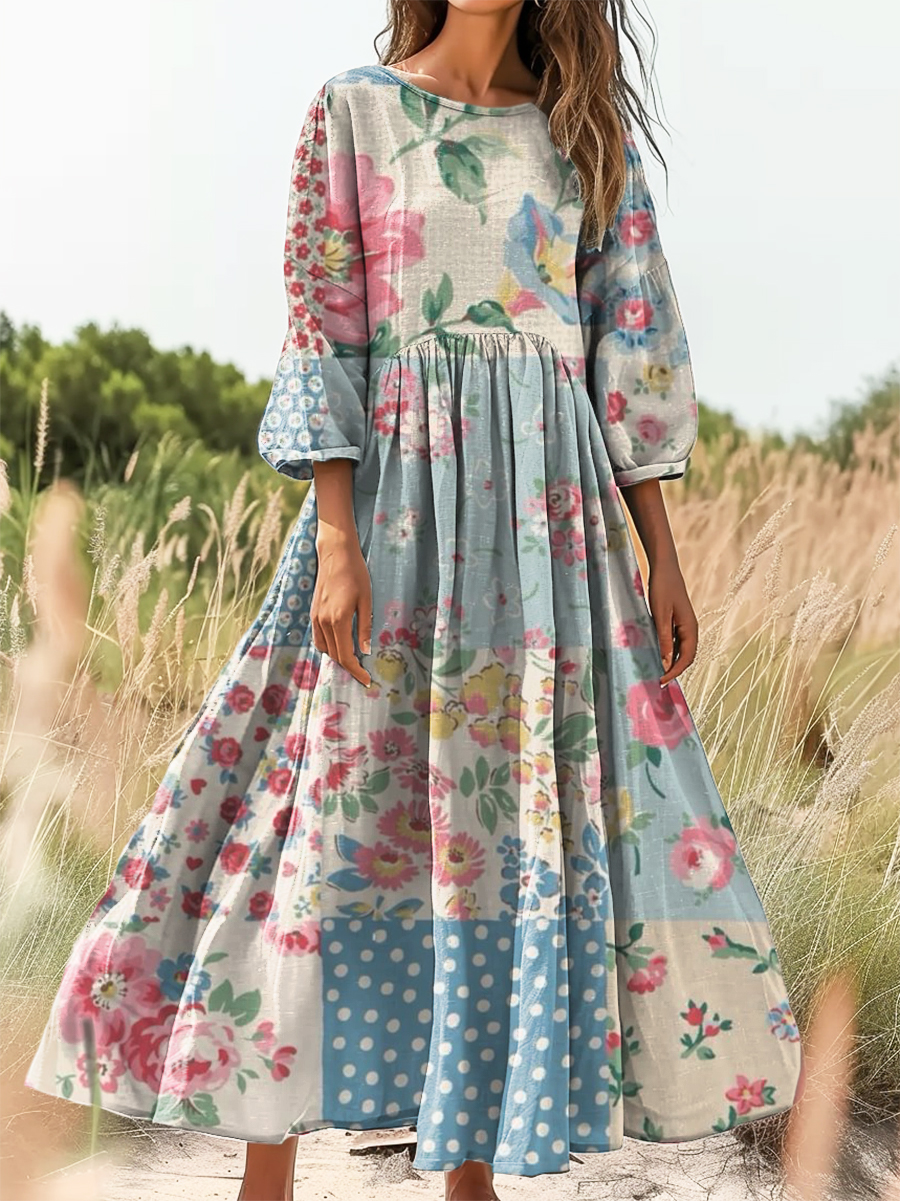 Women's Vintage Floral Patchwork Art Print Flowy Cotton Crew Neck Dress