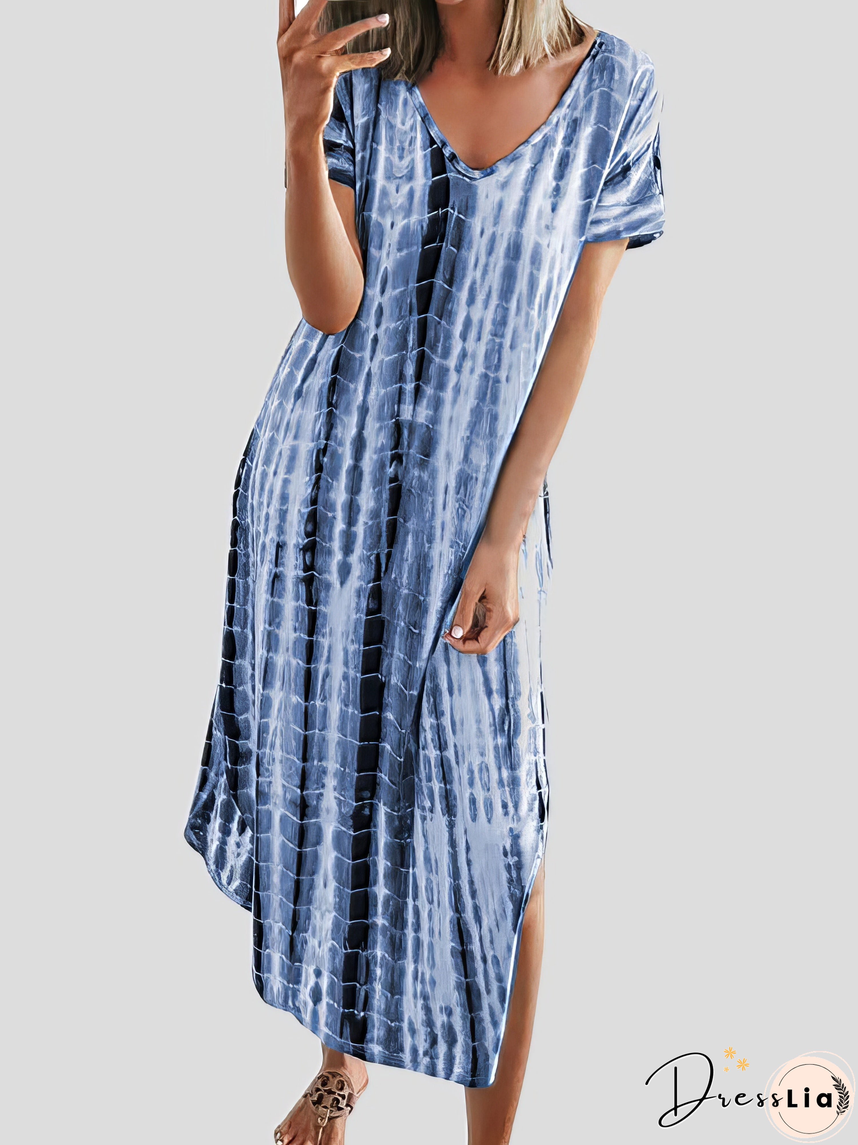 Loose Tie-Dye Printed V-Neck Split Dress Loose Tie-Dye Printed V-Neck Split Dress