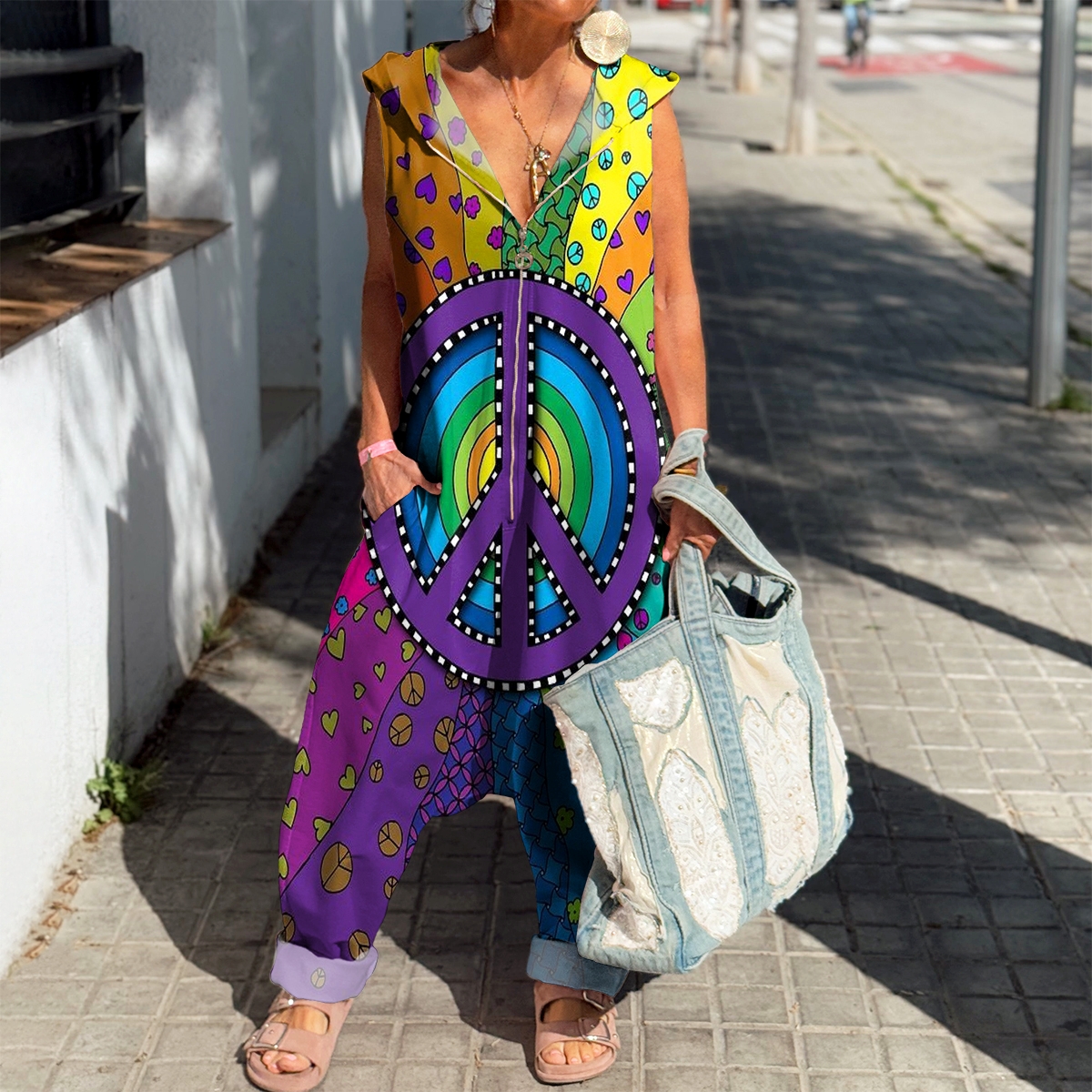 Women's Colorful Hippie Art Pattern Printed Casual Zipper Hooded Cotton Jumpsuit