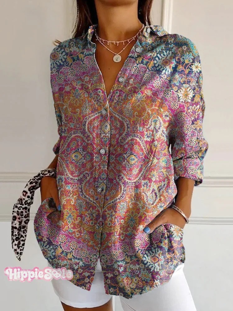Women's Vintage Floral Bird Art Print Casual Cotton Shirt Women's Vintage Floral Bird Art Print Casual Cotton Shirt