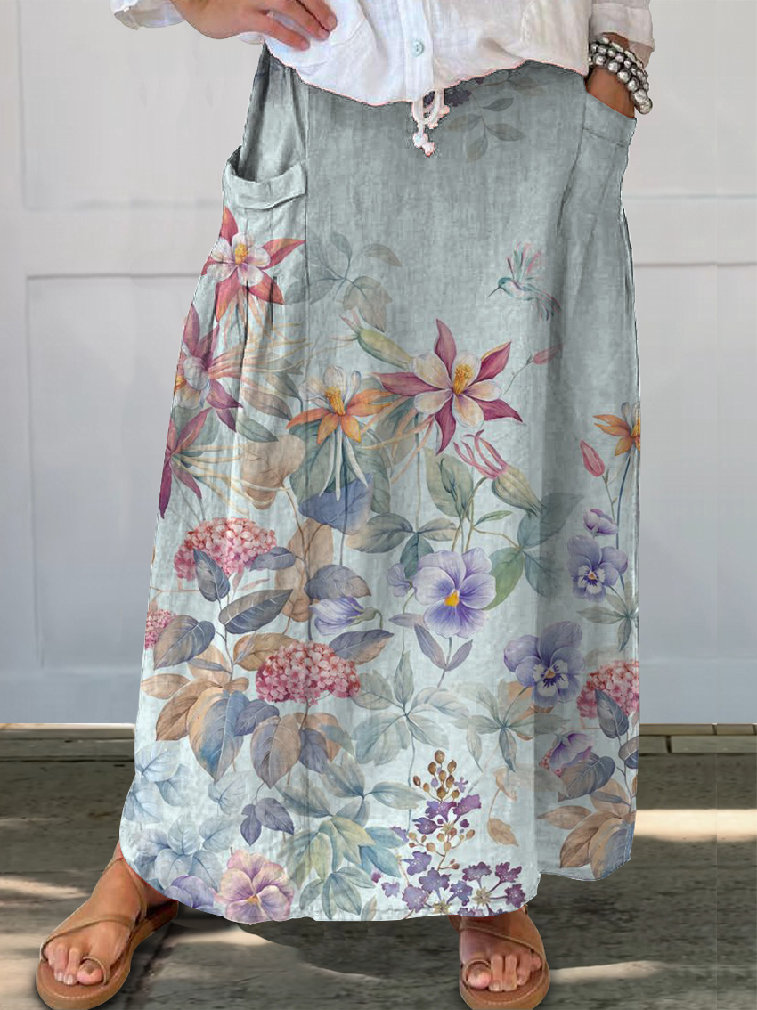 Women's Muted Floral Art Printed Linen Pocket Skirt