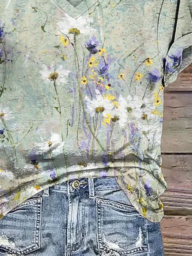 Casual Floral V Neck Short Sleeve T-shirt Casual Floral V Neck Short Sleeve T-shirt