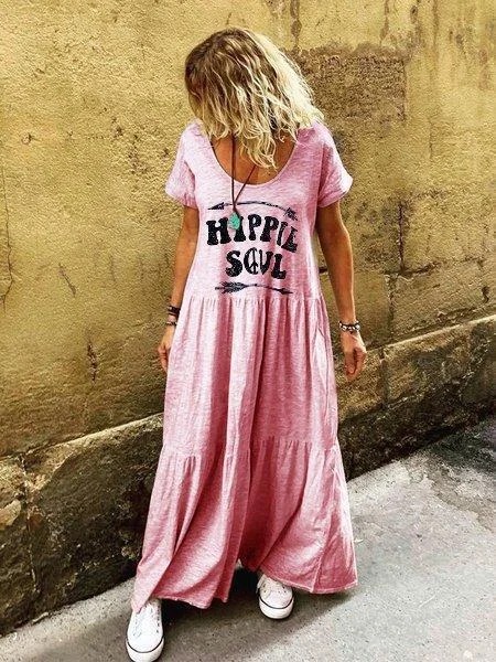 Letter Short Sleeve Crew Neck Boho Dress Letter Short Sleeve Crew Neck Boho Dress