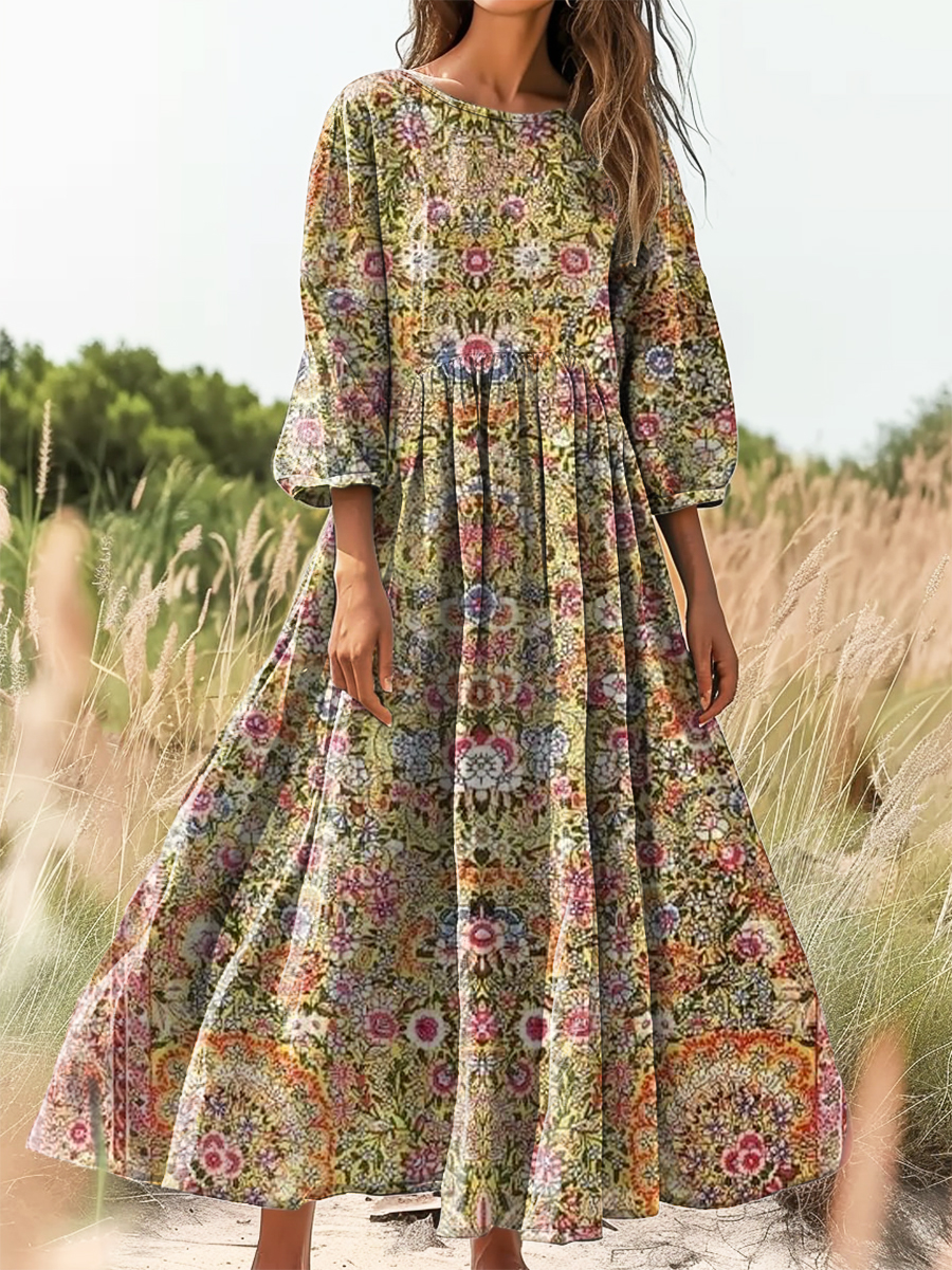 Women's Vintage Floral Art Print Flowy Cotton Crew Neck Dress