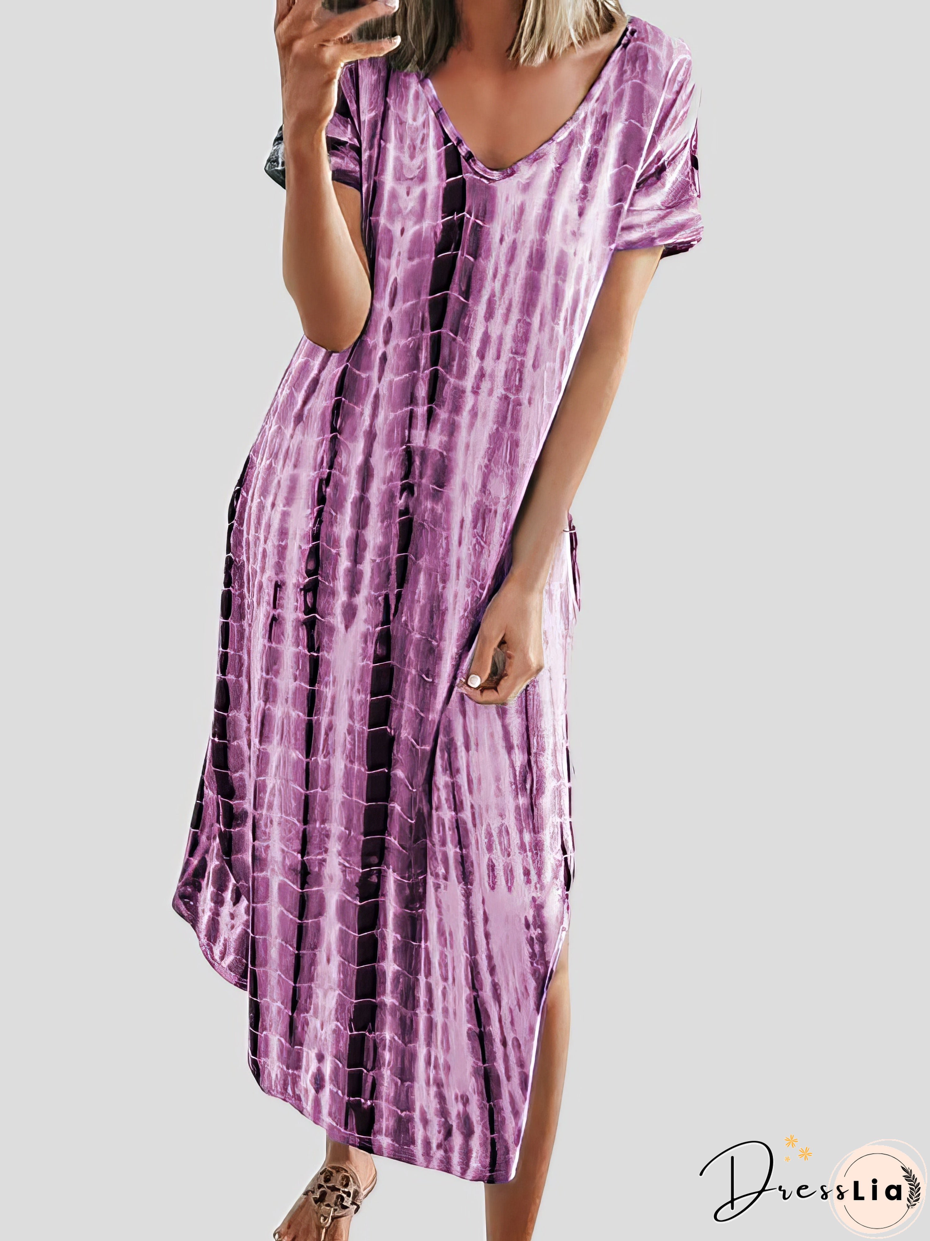 Loose Tie-Dye Printed V-Neck Split Dress Loose Tie-Dye Printed V-Neck Split Dress