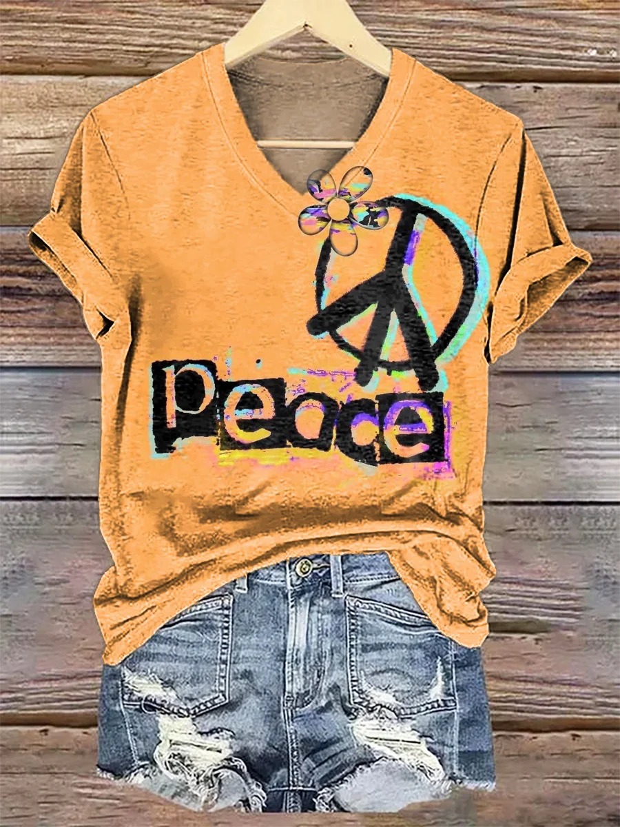 Women's Love Peace Hippy Art Print Cotton Crew Neck T-Shirt Women's Love Peace Hippy Art Print Cotton Crew Neck T-Shirt