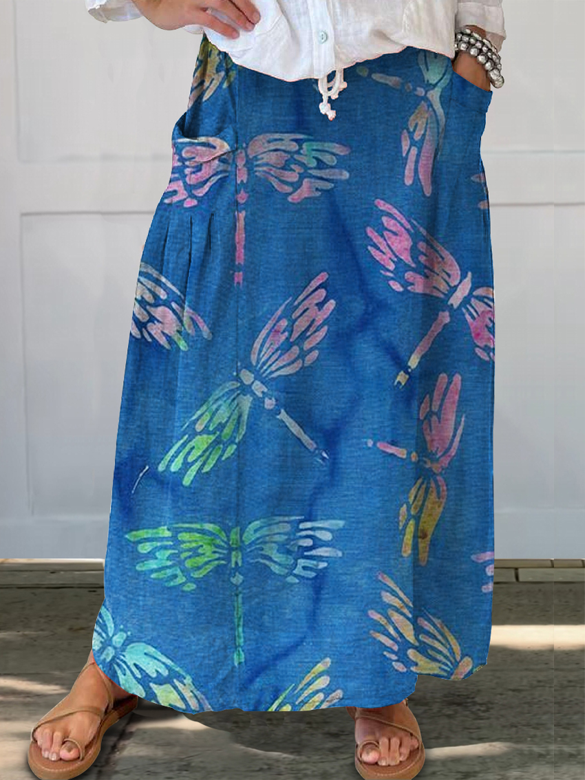 Women's Gradient Tie-Dye Dragonfly Art Print Linen Pocket Skirt