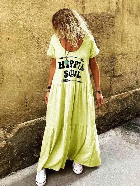Letter Short Sleeve Crew Neck Boho Dress Letter Short Sleeve Crew Neck Boho Dress