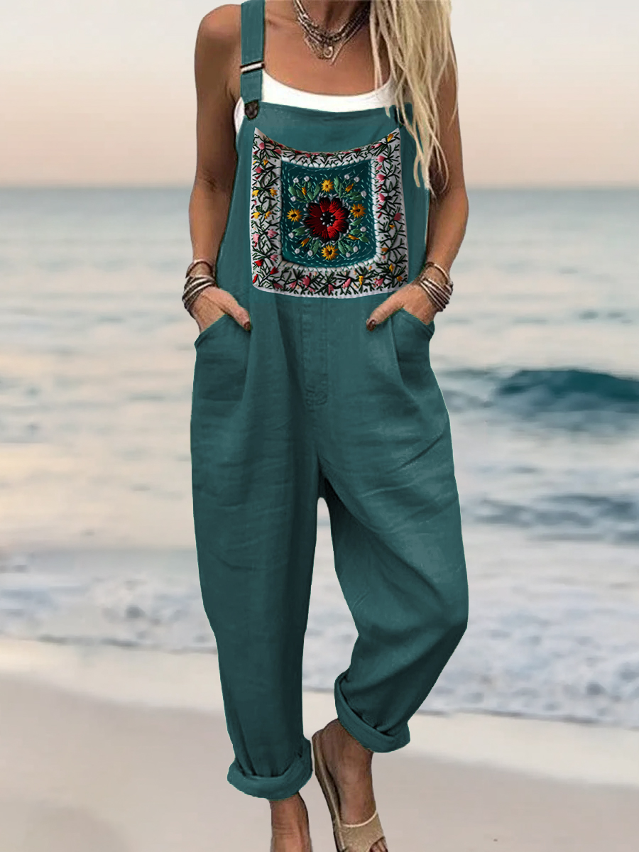 Women's Vintage Floral Art Print Casual 100% Cotton Wide Leg Jumpsuit