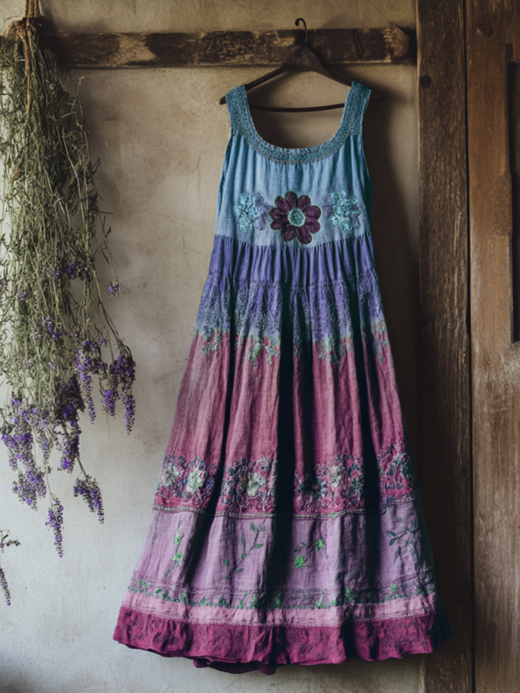 Vintage Bohemian Lavender Embroidery Patchwork Art Sleeveless Cozy Linen Maxi Dress Vintage Bohemian Lavender Embroidery Patchwork Art Sleeveless Cozy Linen Maxi Dress