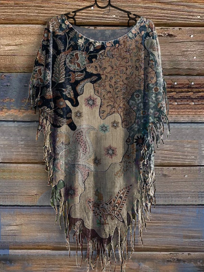 Women's Retro Floral Print Punk Hippie Batwing Tussle Fringes Poncho Dress