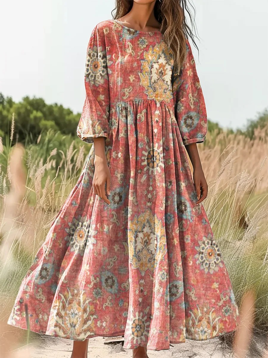 Women's Vintage Folk Art Floral Pattern Print Pocket Cotton Dress Women's Vintage Folk Art Floral Pattern Print Pocket Cotton Dress