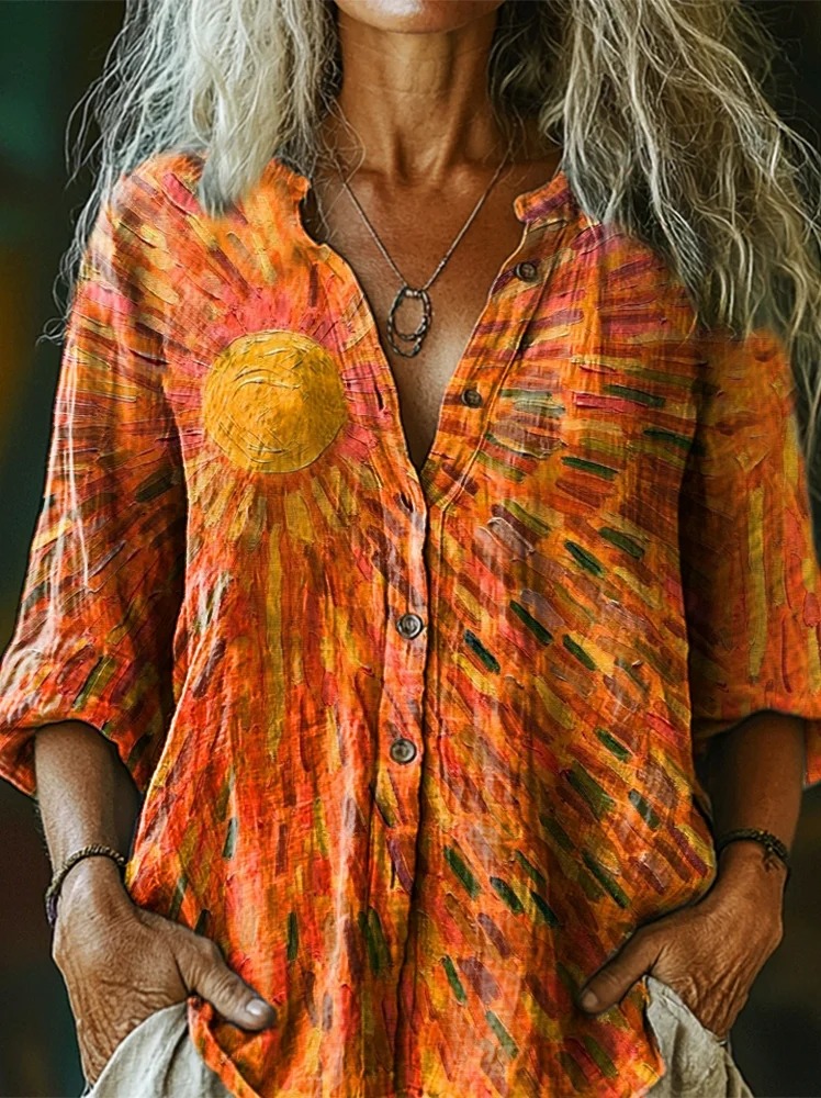 Women's Vintage Ethnic Floral Art Print Linen And Cotton V-neck Casual Shirt Women's Vintage Ethnic Floral Art Print Linen And Cotton V-neck Casual Shirt