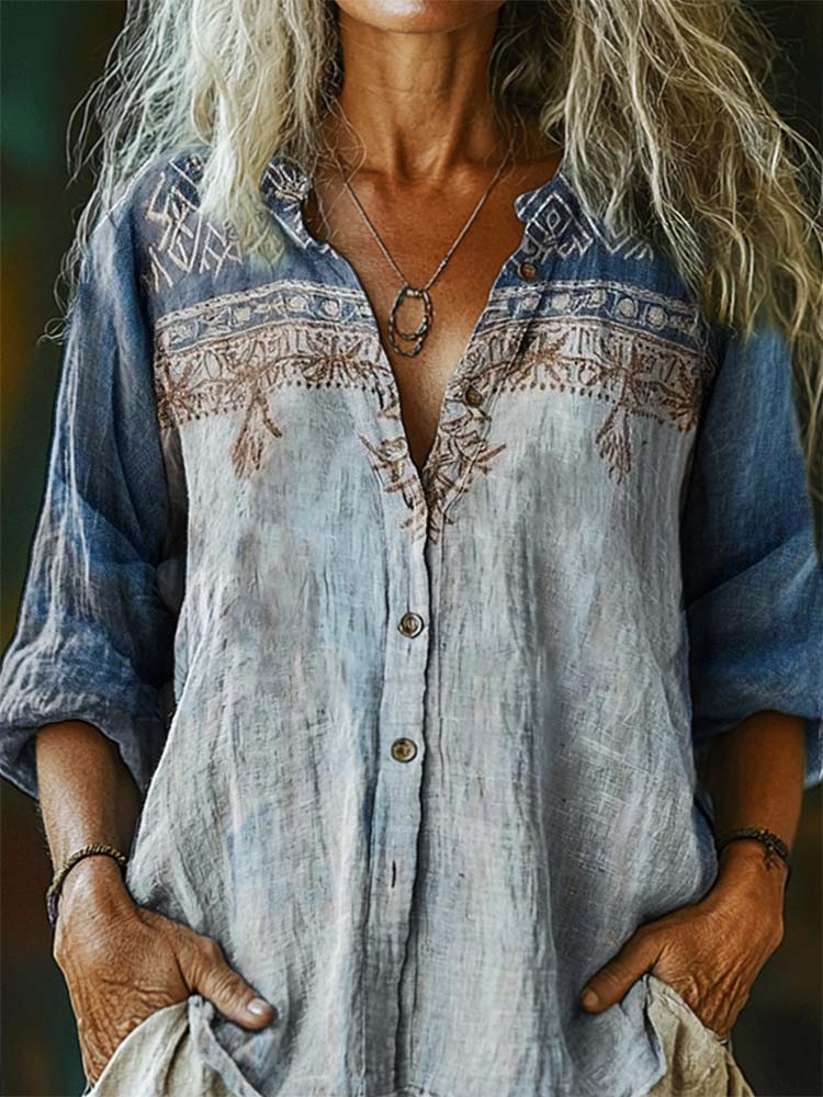 Women's Ethnic Style Tattoo Pattern Art Print Casual Cotton Linen Shirt
