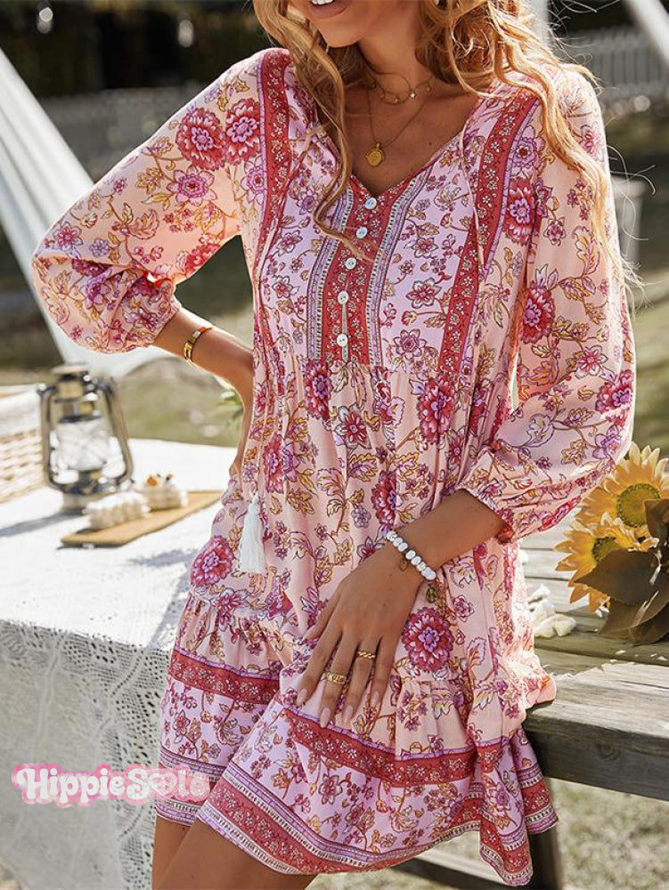 Bohemian Casual Holiday Style V-neck Dress Short Skirt Bohemian Casual Holiday Style V-neck Dress Short Skirt